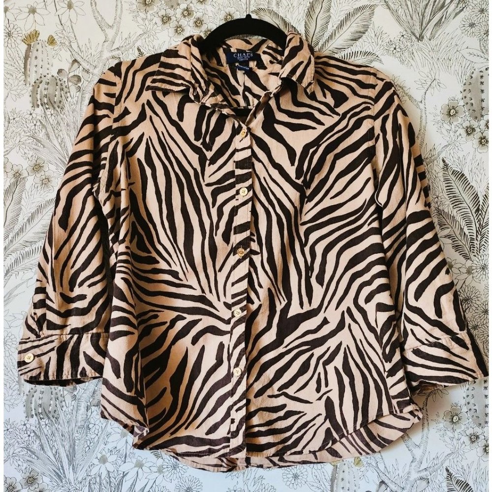 Chaps Y2K Animal Print Button Up Blouse Zebra Petite Large PL